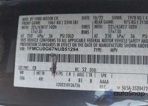 2022 Ford Escape Se z USA, uszkodzony, nr VIN 1FMCU0G67NUB51294